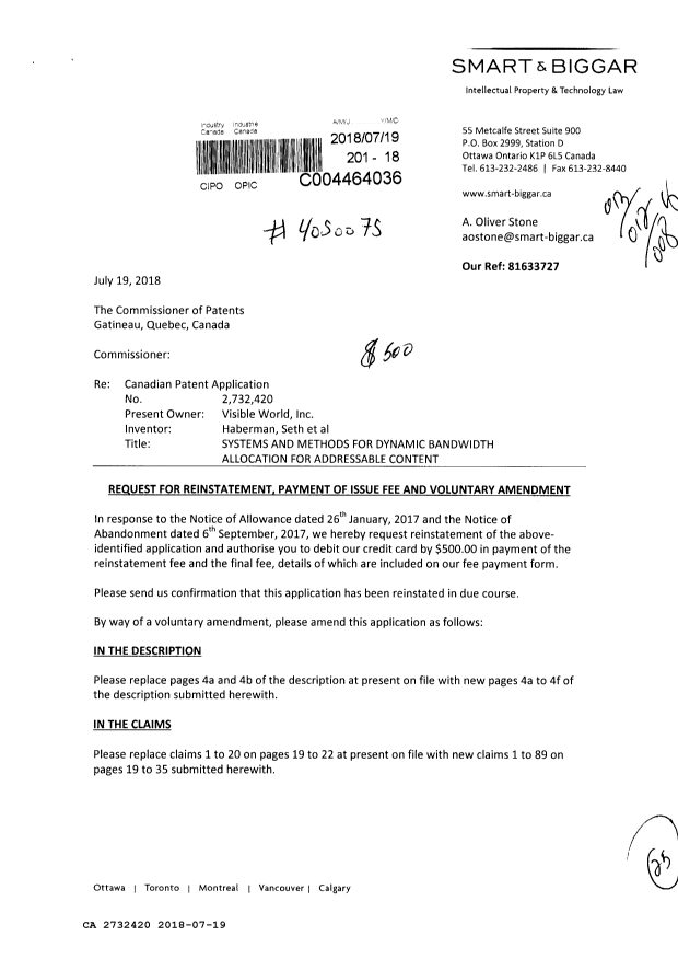 Canadian Patent Document 2732420. Final Fee 20180719. Image 1 of 25
