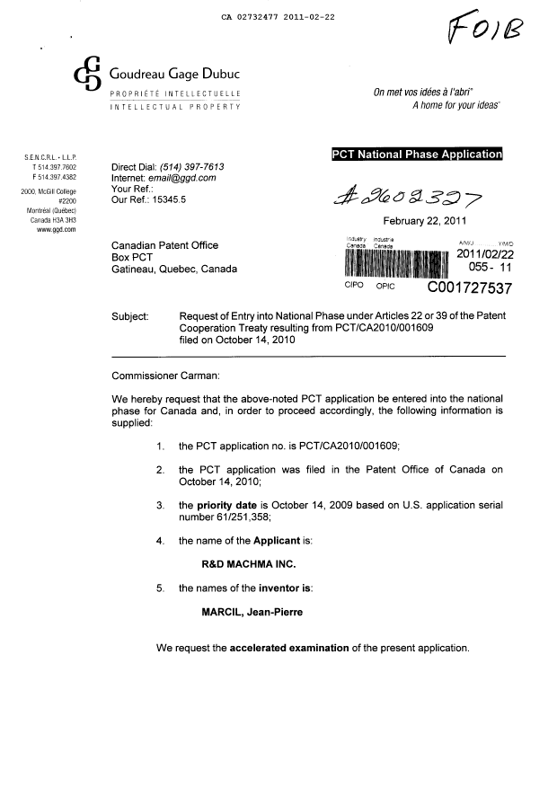 Canadian Patent Document 2732477. Assignment 20110222. Image 1 of 5