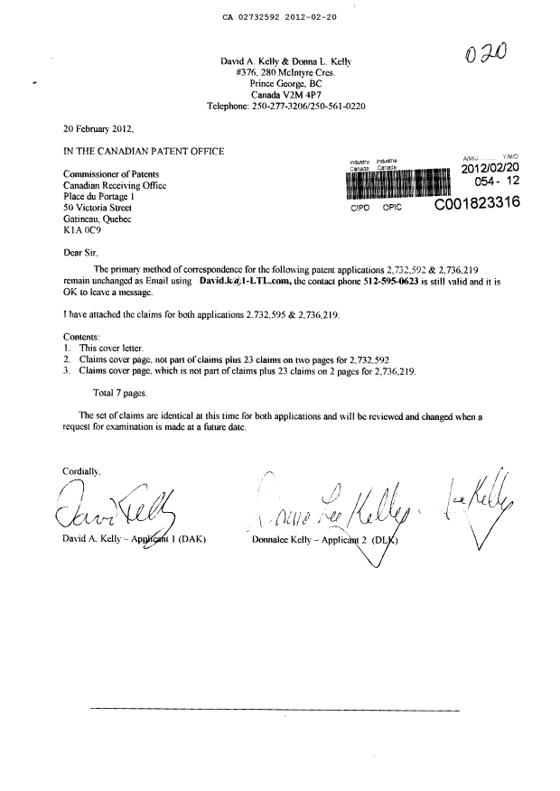 Document de brevet canadien 2732592. Correspondance 20111220. Image 1 de 4