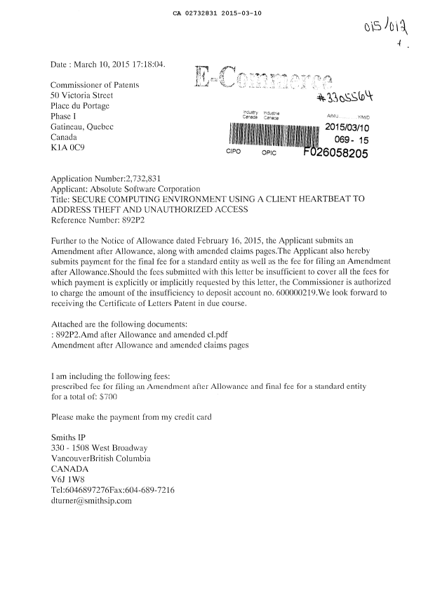 Canadian Patent Document 2732831. Correspondence 20141210. Image 1 of 2