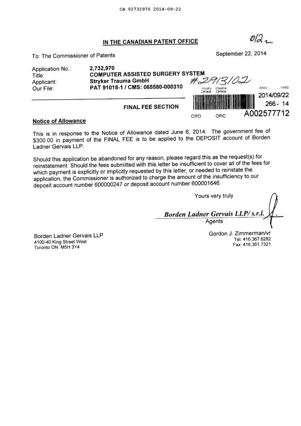 Document de brevet canadien 2732970. Correspondance 20140922. Image 1 de 1