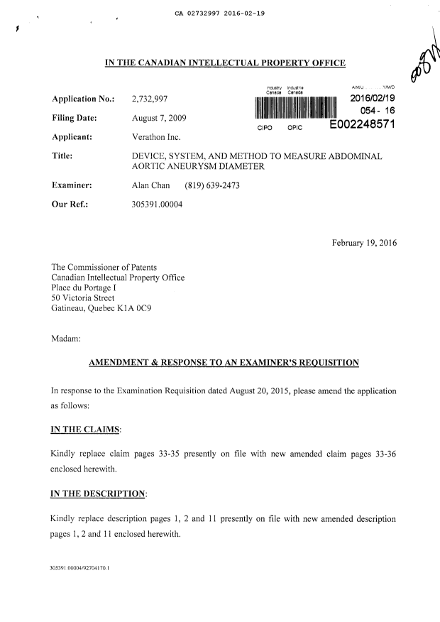 Canadian Patent Document 2732997. Prosecution-Amendment 20151219. Image 1 of 11