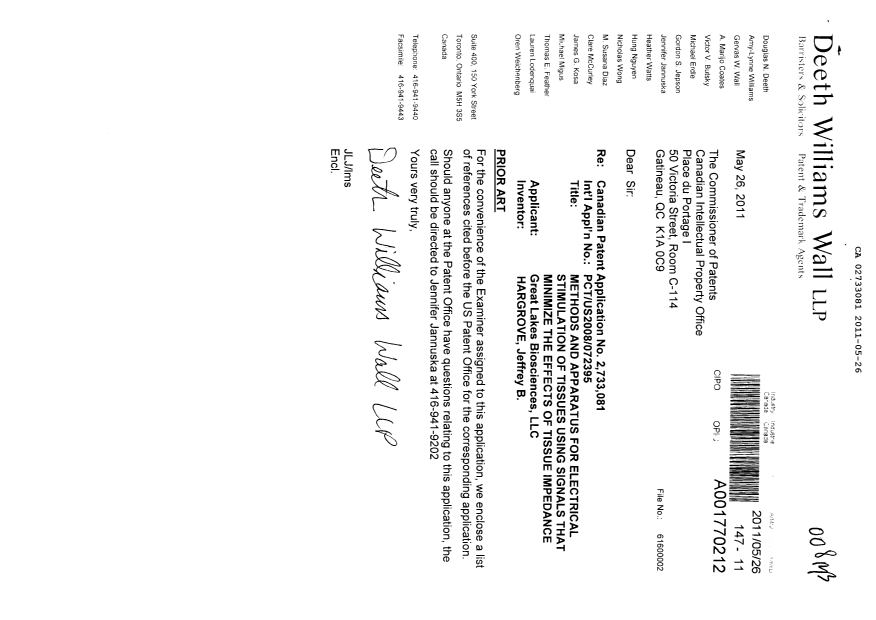 Canadian Patent Document 2733081. Prosecution-Amendment 20110526. Image 1 of 1