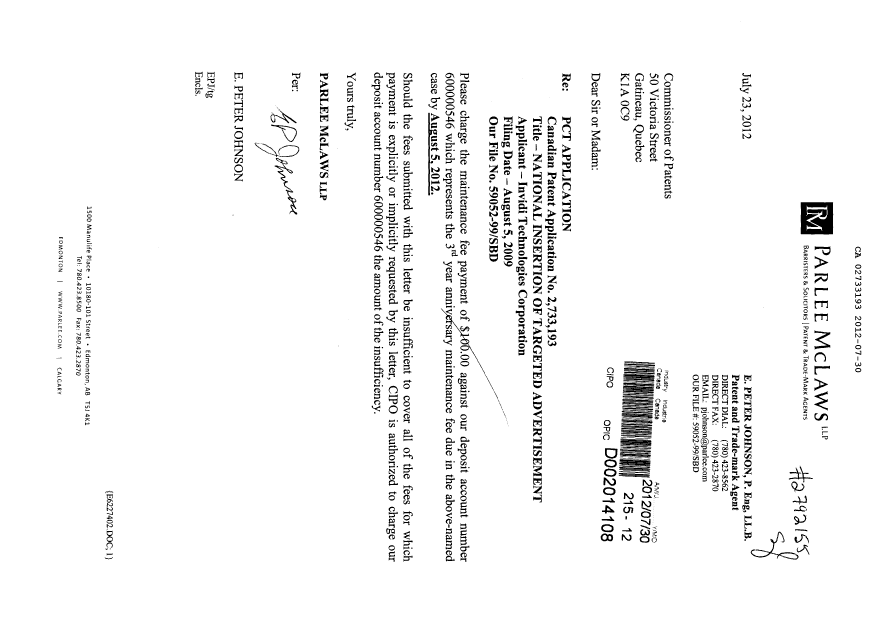 Document de brevet canadien 2733193. Taxes 20111230. Image 1 de 1