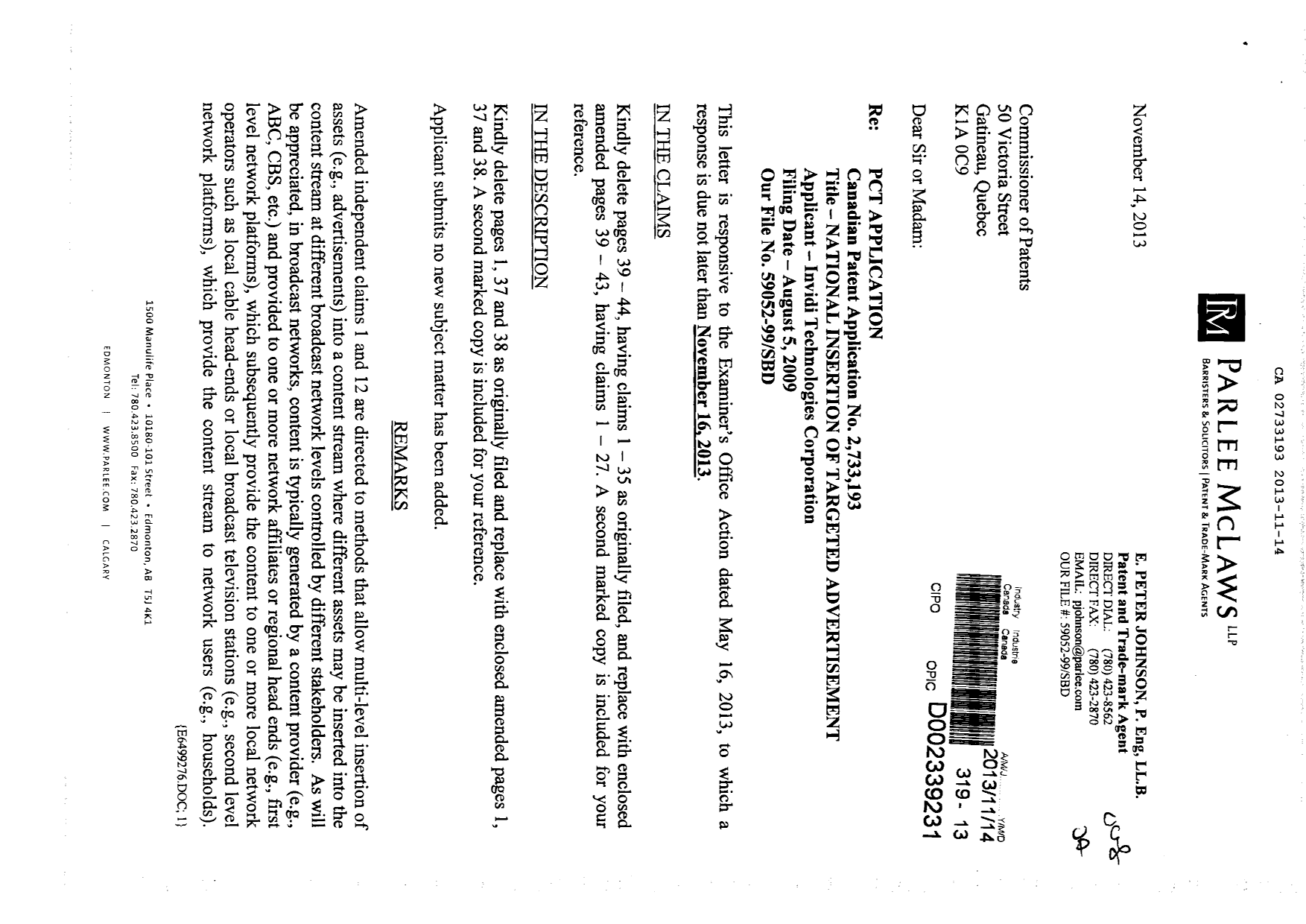 Canadian Patent Document 2733193. Prosecution-Amendment 20121214. Image 1 of 23