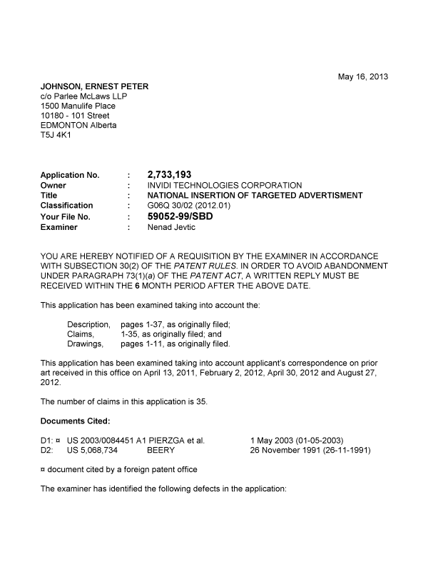 Canadian Patent Document 2733193. Prosecution-Amendment 20121216. Image 1 of 4