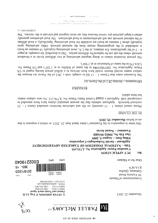 Document de brevet canadien 2733193. Poursuite-Amendment 20141223. Image 1 de 16