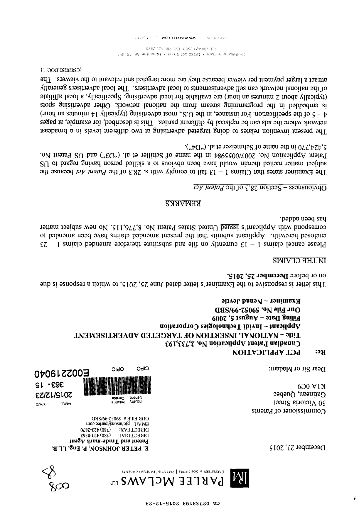 Canadian Patent Document 2733193. Prosecution-Amendment 20141223. Image 1 of 16