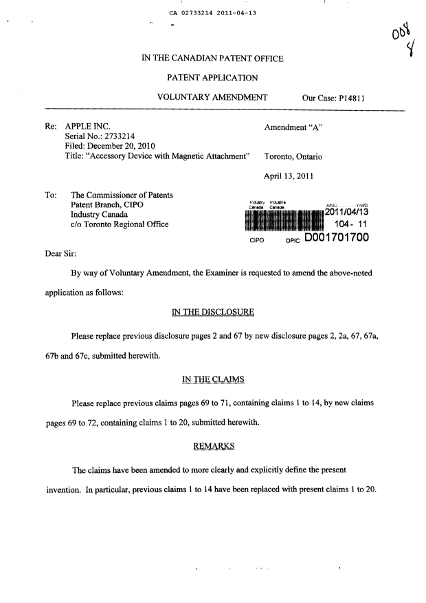Canadian Patent Document 2733214. Prosecution-Amendment 20101213. Image 1 of 12