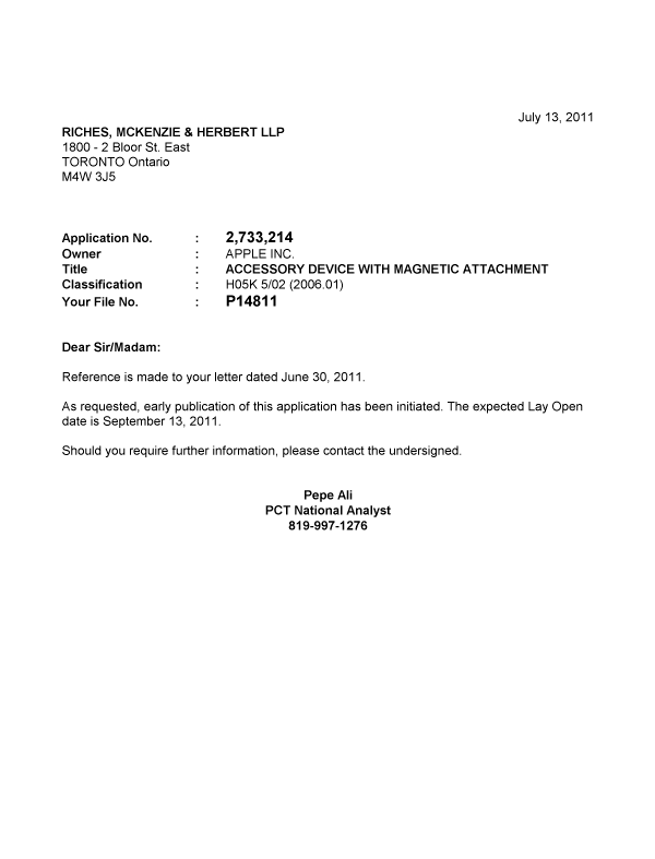 Canadian Patent Document 2733214. Correspondence 20101213. Image 1 of 1