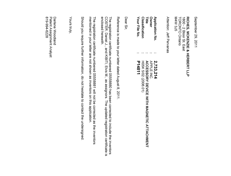 Document de brevet canadien 2733214. Correspondance 20101229. Image 1 de 1