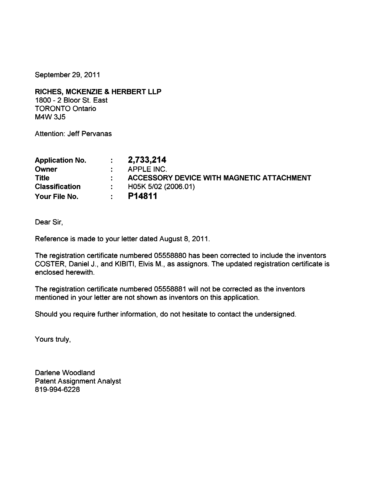 Document de brevet canadien 2733214. Correspondance 20101229. Image 1 de 1