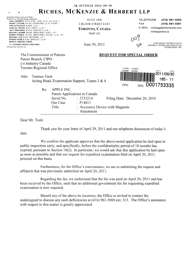 Canadian Patent Document 2733214. Correspondence 20101230. Image 1 of 5