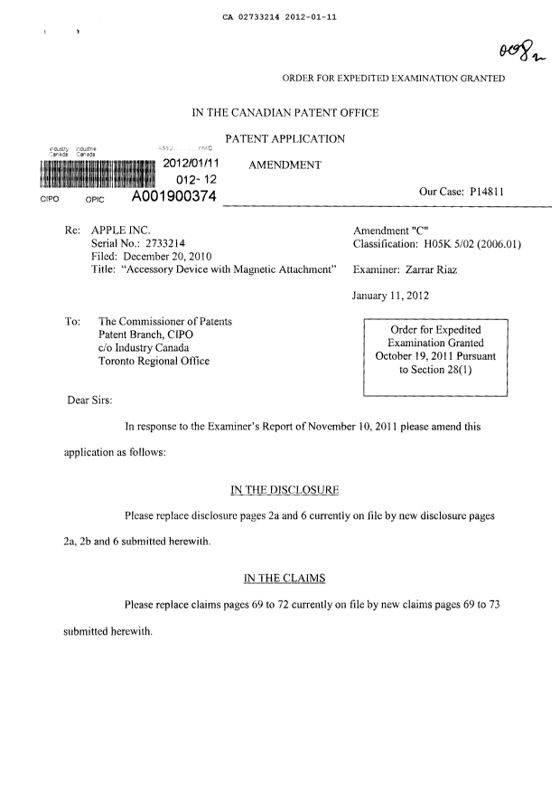 Canadian Patent Document 2733214. Prosecution-Amendment 20111211. Image 1 of 15