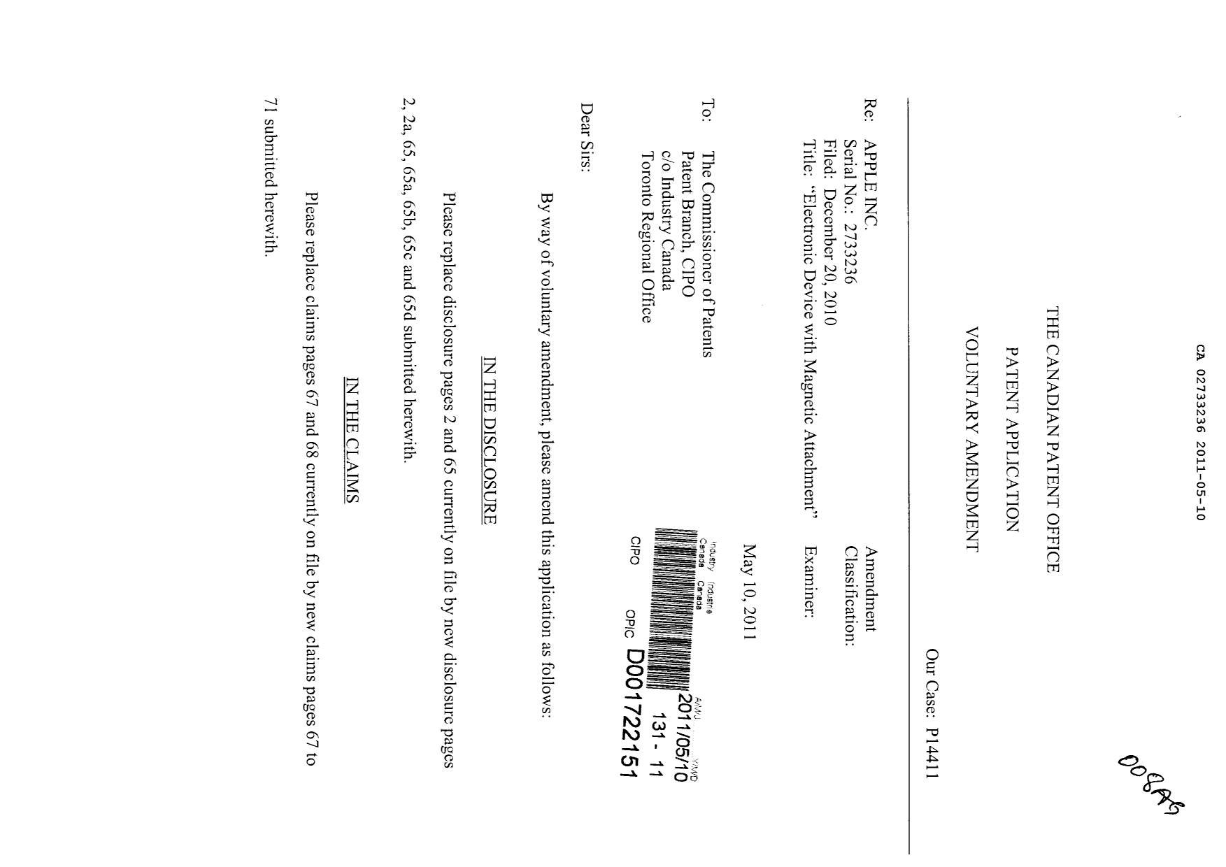 Canadian Patent Document 2733236. Prosecution-Amendment 20101210. Image 1 of 16