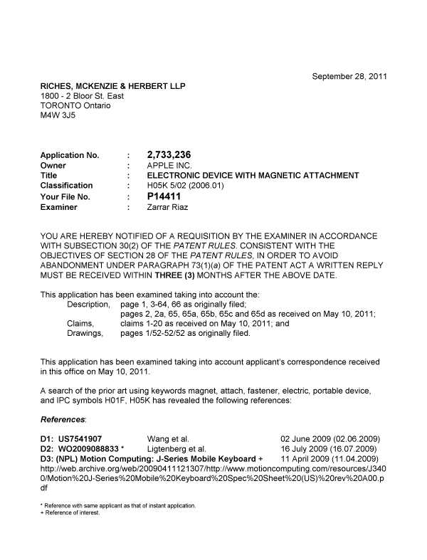 Canadian Patent Document 2733236. Prosecution-Amendment 20101228. Image 1 of 4