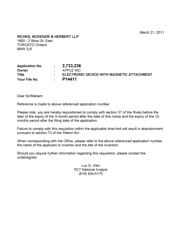 Document de brevet canadien 2733236. Correspondance 20110321. Image 1 de 1
