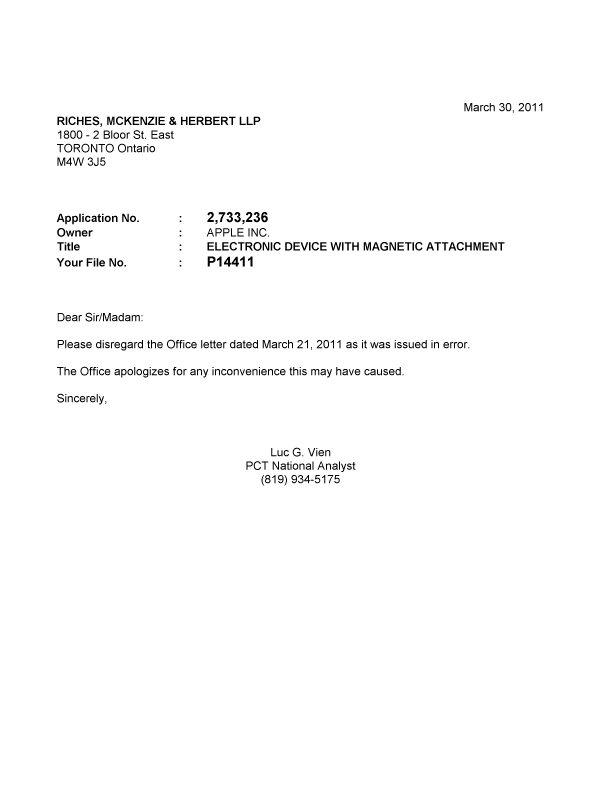 Document de brevet canadien 2733236. Correspondance 20110330. Image 1 de 1
