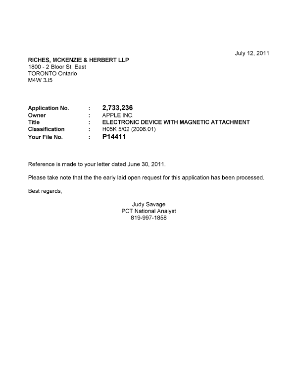 Document de brevet canadien 2733236. Correspondance 20110712. Image 1 de 1