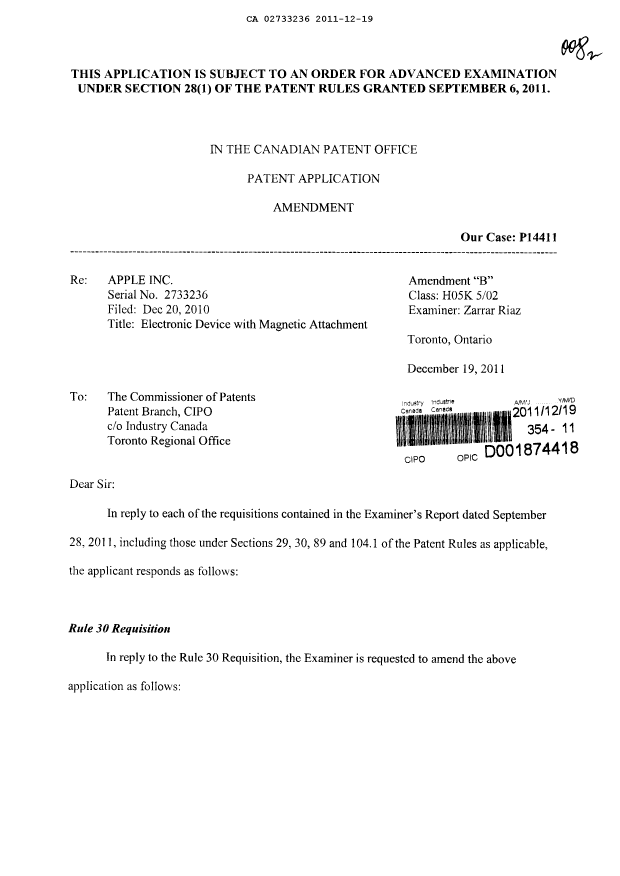 Document de brevet canadien 2733236. Poursuite-Amendment 20111219. Image 1 de 13