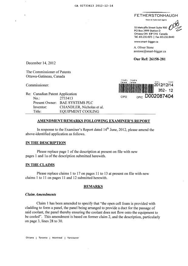 Document de brevet canadien 2733413. Poursuite-Amendment 20121214. Image 1 de 8