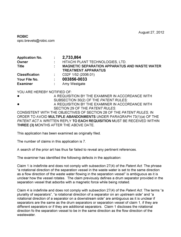 Document de brevet canadien 2733864. Poursuite-Amendment 20111227. Image 1 de 3