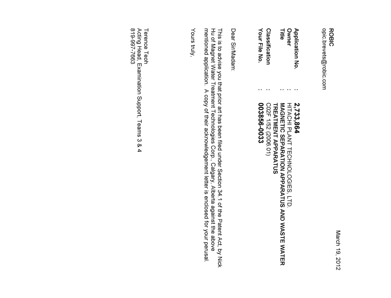 Canadian Patent Document 2733864. Prosecution-Amendment 20120319. Image 1 of 2