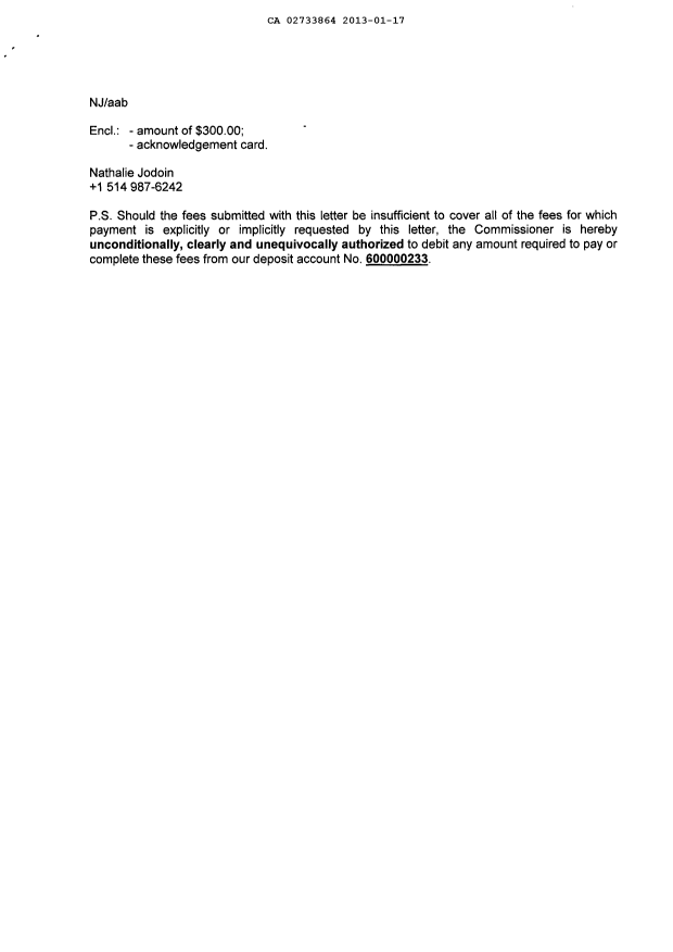 Document de brevet canadien 2733864. Correspondance 20130117. Image 2 de 2