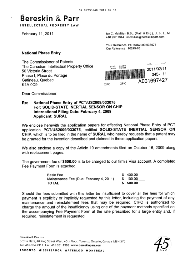 Document de brevet canadien 2733940. Cession 20110211. Image 1 de 4