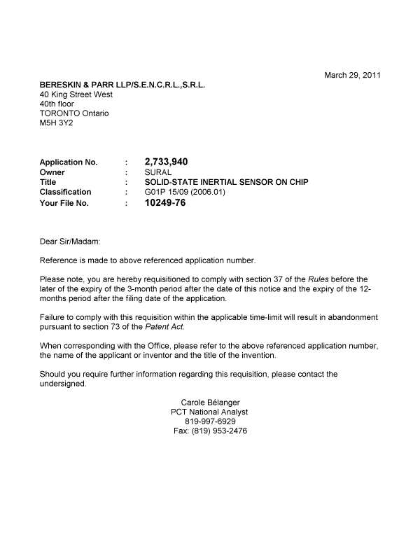 Document de brevet canadien 2733940. Correspondance 20110329. Image 1 de 1