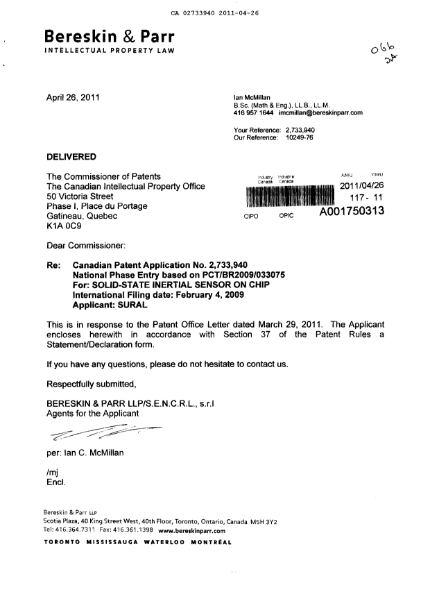 Document de brevet canadien 2733940. Correspondance 20110426. Image 1 de 2