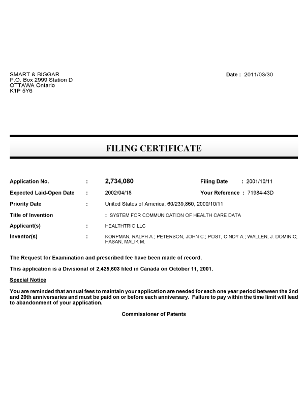 Canadian Patent Document 2734080. Correspondence 20101214. Image 1 of 1