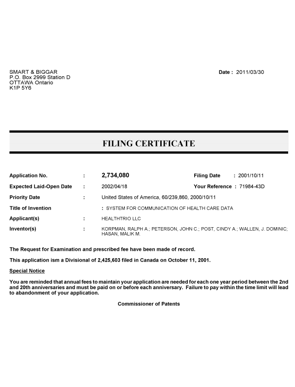 Document de brevet canadien 2734080. Correspondance 20110330. Image 1 de 1