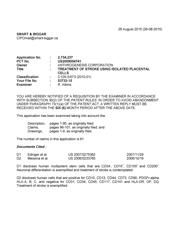 Document de brevet canadien 2734237. Demande d'examen 20150826. Image 1 de 5