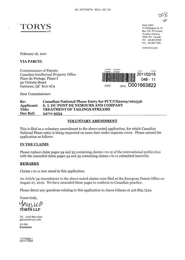 Document de brevet canadien 2734474. Poursuite-Amendment 20101216. Image 1 de 3