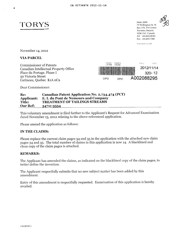 Canadian Patent Document 2734474. Prosecution-Amendment 20121114. Image 1 of 6