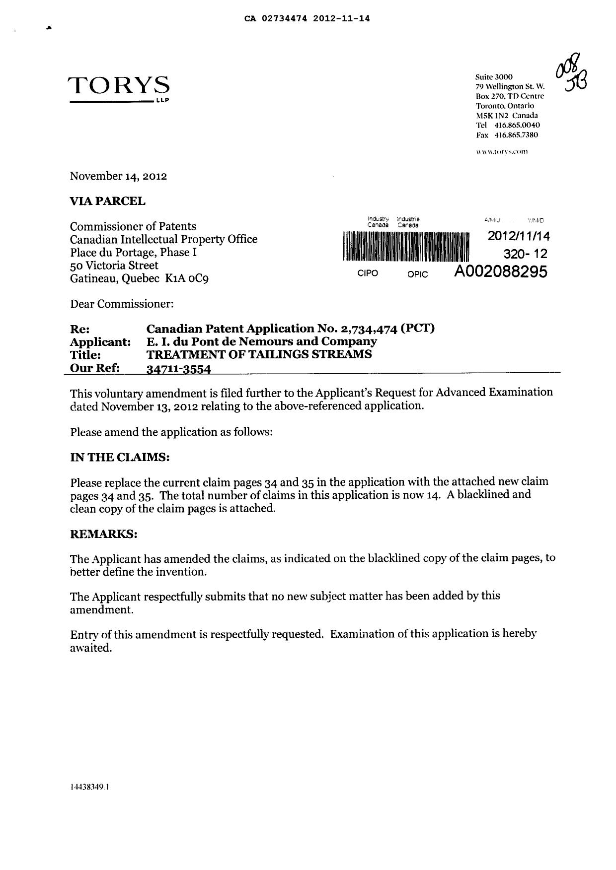 Canadian Patent Document 2734474. Prosecution-Amendment 20121114. Image 1 of 6