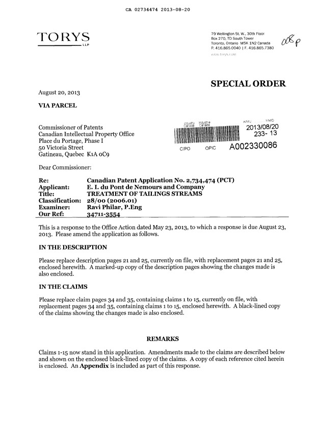 Canadian Patent Document 2734474. Prosecution-Amendment 20121220. Image 1 of 32