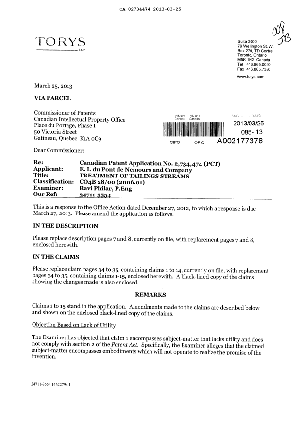 Canadian Patent Document 2734474. Prosecution-Amendment 20121225. Image 1 of 18