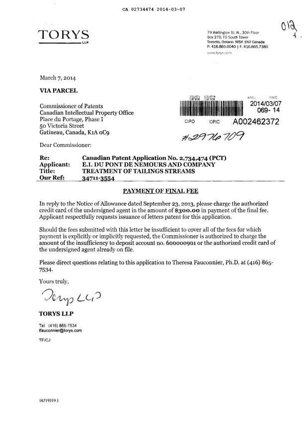Canadian Patent Document 2734474. Correspondence 20131207. Image 1 of 1