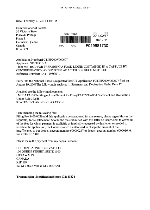 Document de brevet canadien 2734679. Cession 20110217. Image 1 de 7