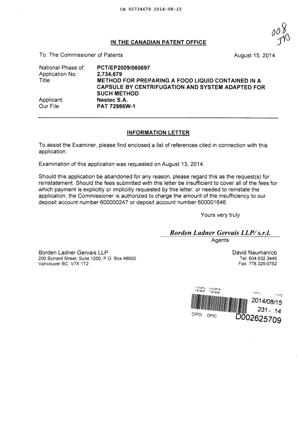 Document de brevet canadien 2734679. Poursuite-Amendment 20140815. Image 1 de 1