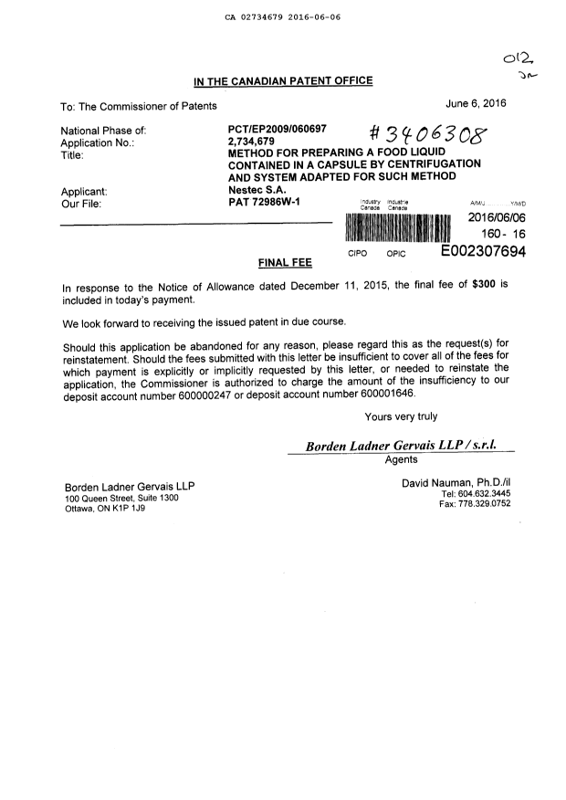 Document de brevet canadien 2734679. Taxe finale 20160606. Image 1 de 1