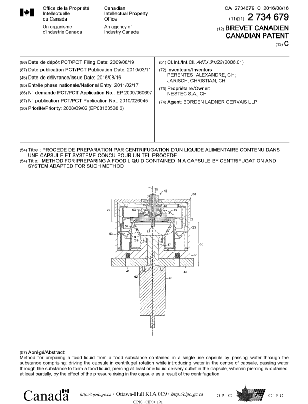 Document de brevet canadien 2734679. Page couverture 20160622. Image 1 de 1