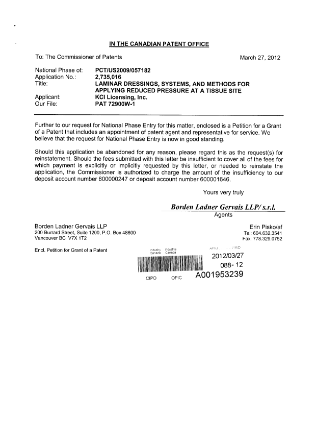 Document de brevet canadien 2735016. Correspondance 20120327. Image 1 de 3