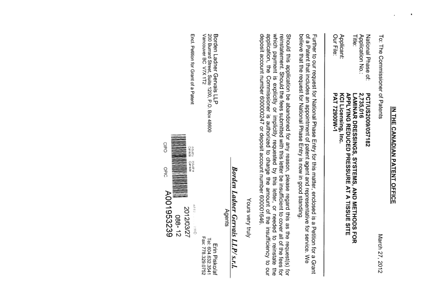 Canadian Patent Document 2735016. Correspondence 20120327. Image 1 of 3