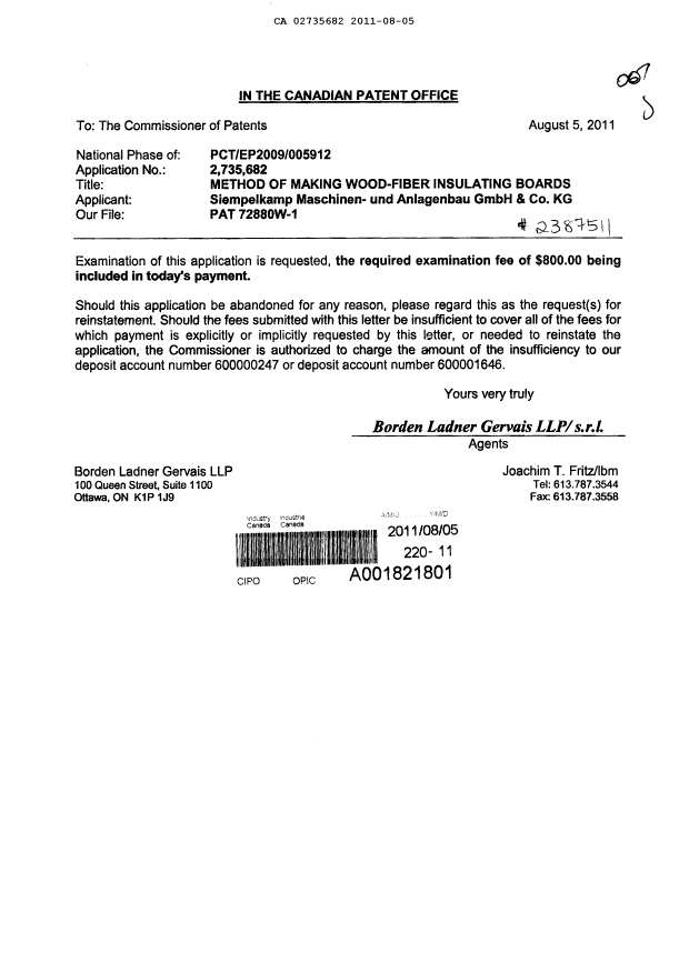 Document de brevet canadien 2735682. Poursuite-Amendment 20110805. Image 1 de 1