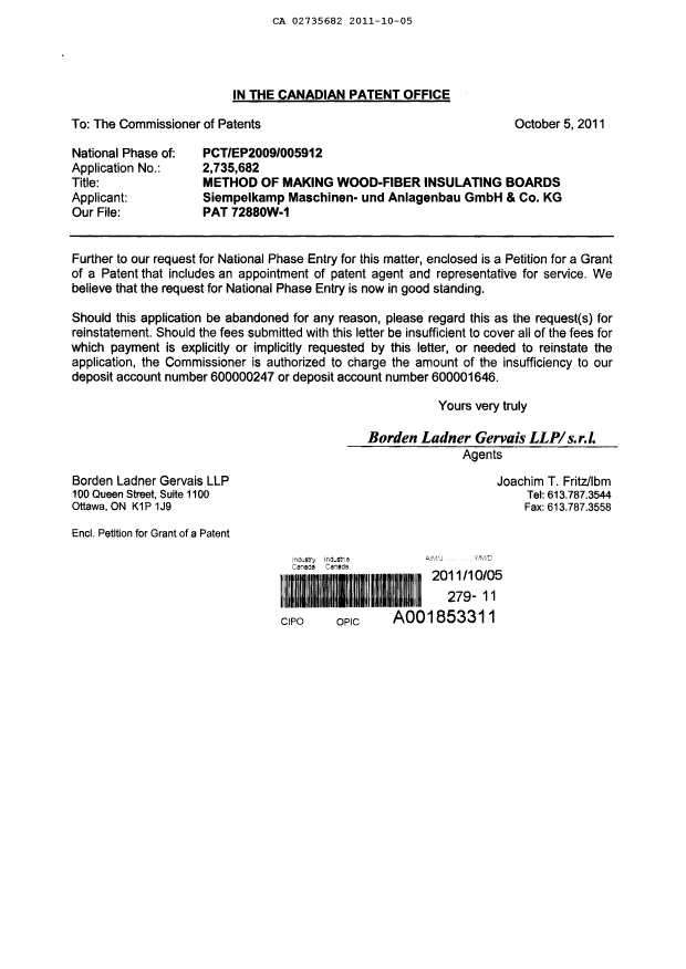 Document de brevet canadien 2735682. Correspondance 20111005. Image 1 de 3