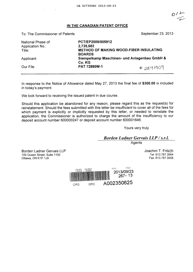 Document de brevet canadien 2735682. Correspondance 20130923. Image 1 de 1