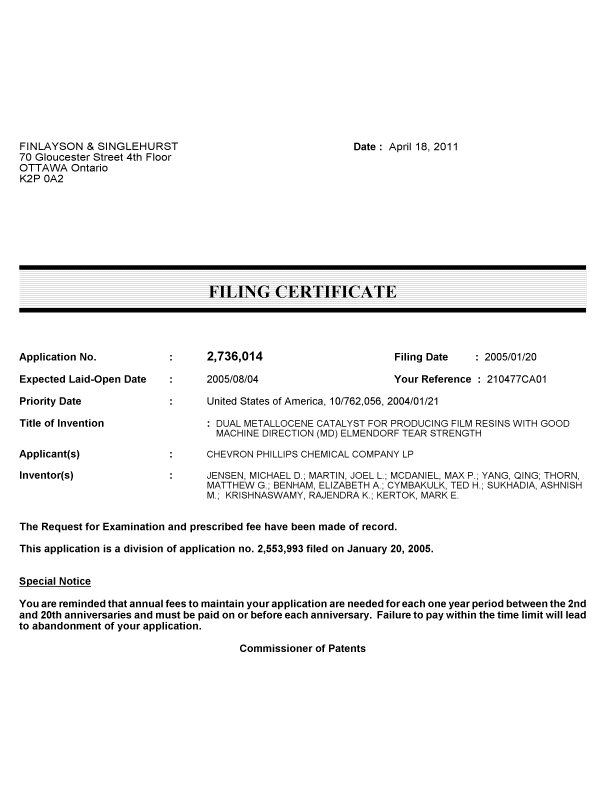 Document de brevet canadien 2736014. Correspondance 20110418. Image 1 de 1
